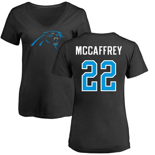 Carolina Panthers Black Women Christian McCaffrey Name and Number Logo Slim Fit NFL Football #22 T Shirt->women nfl jersey->Women Jersey